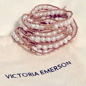 Victoria Emerson Pearl Wrap Bracelet w/Pouch, Gold Tone Beaded Accents